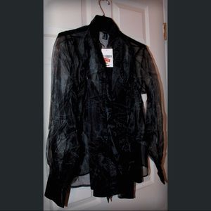 Black silk top with Sheer black button up together